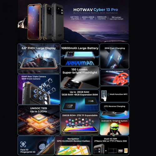  HOTWAV CYBER 13 Pro, 12 Go + 256 Go, téléphone robuste IP68/IP69K, 10 800 mAh, 6,6 pouces Android 13 UNISOC T619 Octa Core, réseau : 4G, NFC, OTG (tout noir) SH801B1802-015